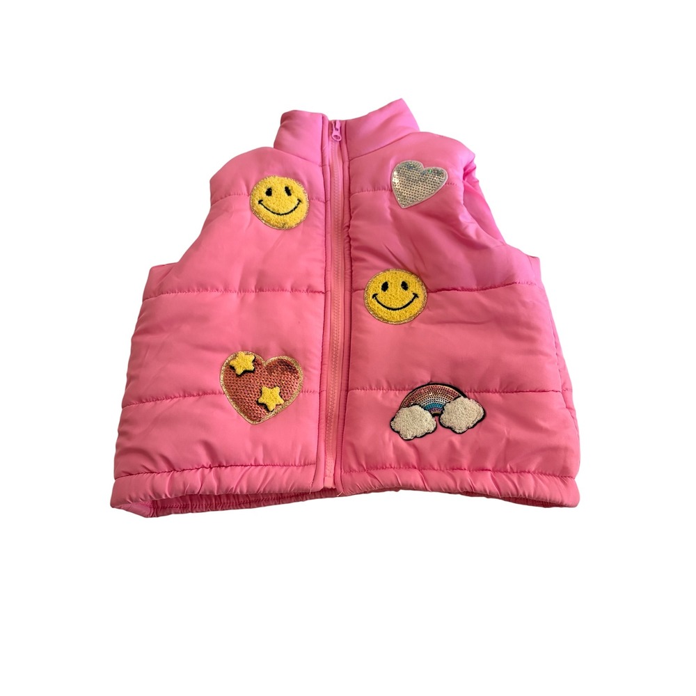 Macy's "Derek Heart" Girl's Pink Puffer Vest Embellished Smiley Patches, Size 10